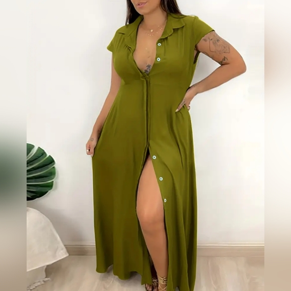 Dresses & Skirts - 🆕Chic Army Green Collar Shirt Dress